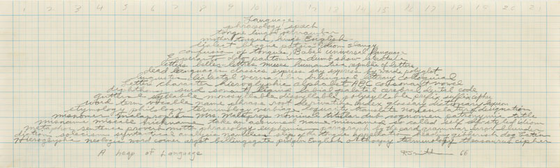 a horizontal artwork with writing in the shape of a wide triangualar pile — a heap