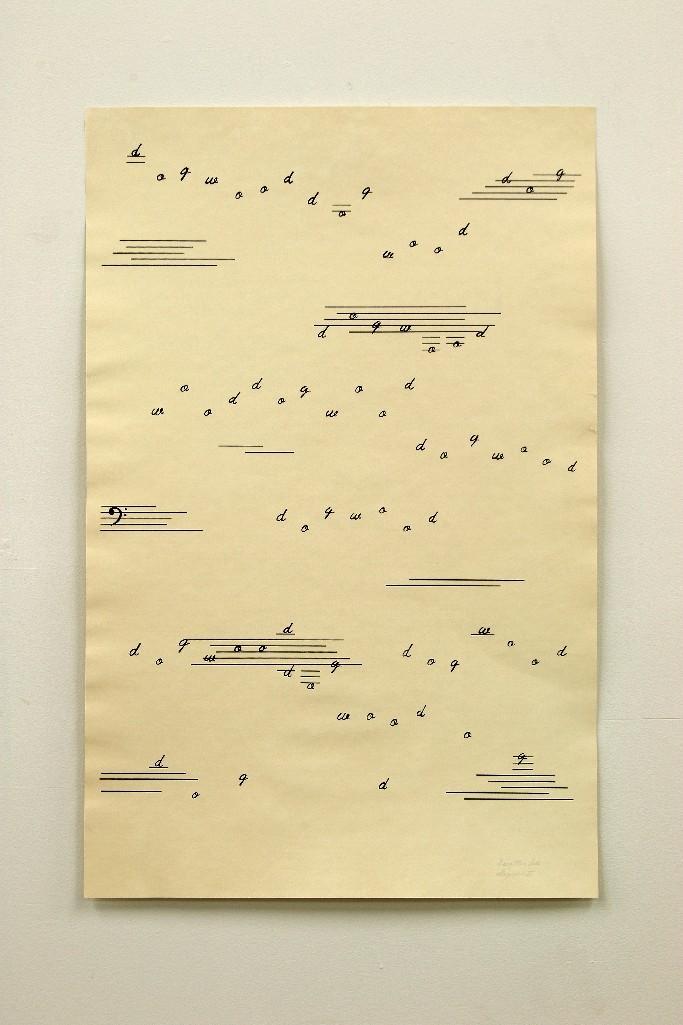 A concrete poem with the word 'dogwood' written in cursive aligned expansively and repeatedly on music lines, like an airy floral song