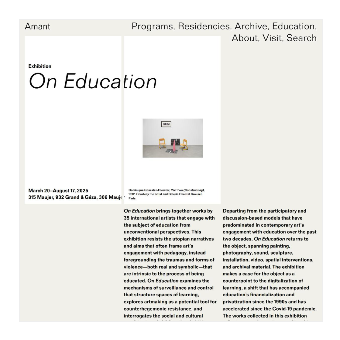 a screenshot of the amant.org website with a description of the 'On Education' exhibition