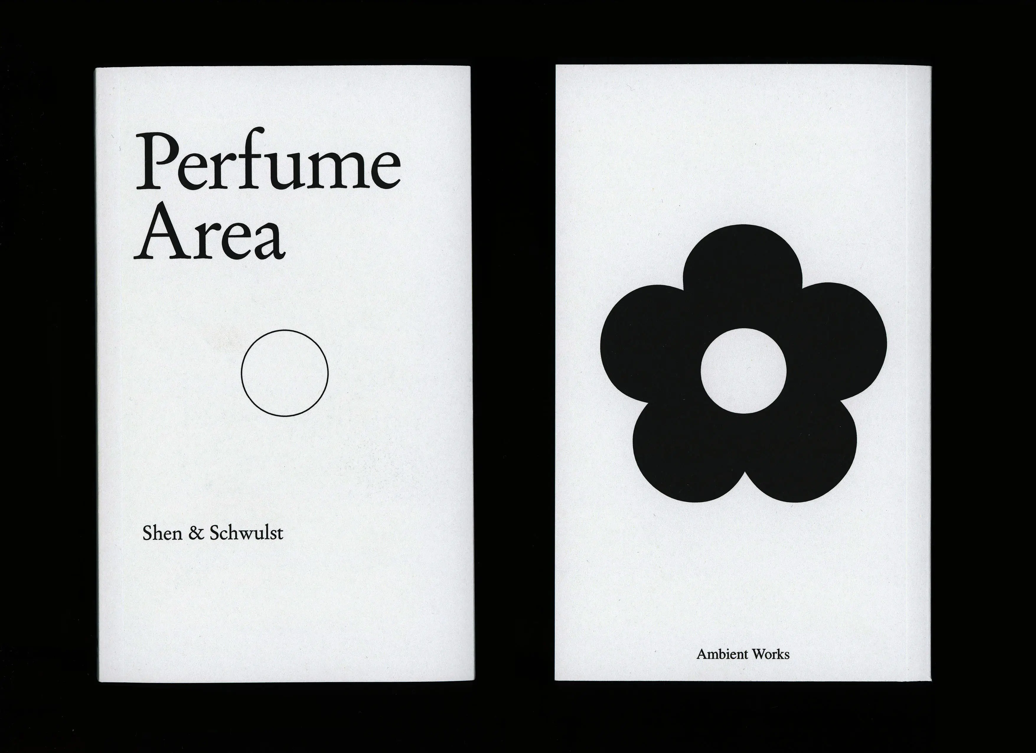 the front and back cover of a book, the front has 'Perfume Area' and 'Shen & Schwulst' on the cover in an elegant serif font, with a circle, and the back cover has a bold five petaled flower on it