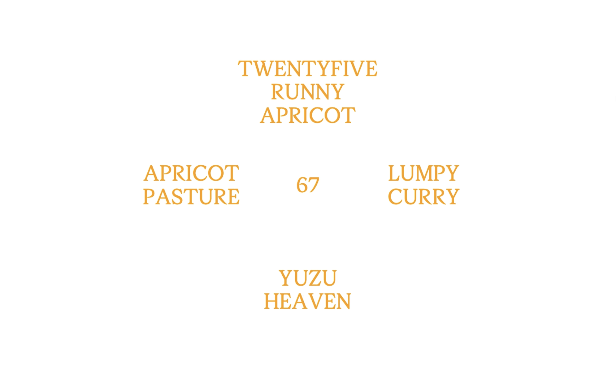 Orange serif typography on a white background, arranged geometrically around the number 67, reading 'APRICOT PASTURE', 'YUZU HEAVEN', 'TWENTYFIVE RUNNY APRICOT', and 'LUMPY CURRY'