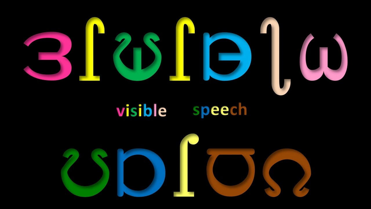large bright multicolored mysterious characters from an unknown langauge shine ontop of a black background, with the legible 'visible speech' written smaller in the center